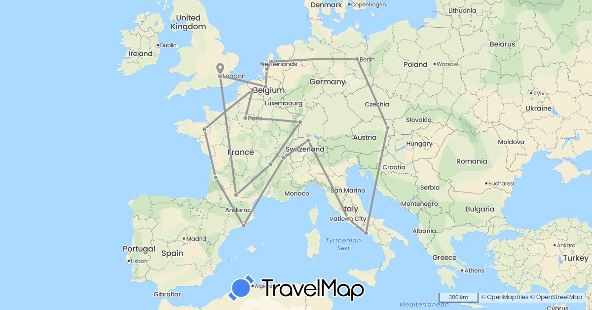 TravelMap itinerary: plane in Austria, Belgium, Switzerland, Germany, Spain, France, United Kingdom, Italy, Netherlands (Europe)